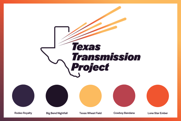 Texas Transmission Project logo with the brand colors Rodeo Royalty, Big Bend Nightfall, Texas Wheat Field, Cowboy Bandana and Lone Star Ember
