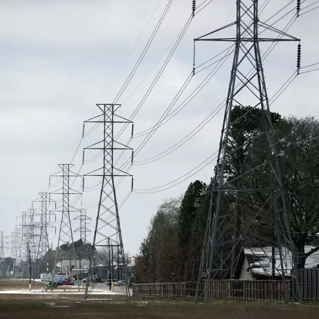 Row of steel transmission towers beside a road, with patches of snow